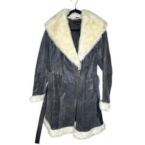 Torrid Penny Lane Suede Faux Fur Trim Coat Gray White Bohemian Indie Winter 1X